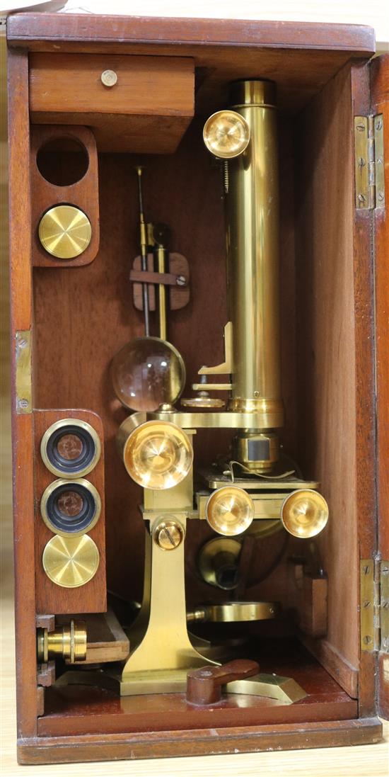 A late 19th century lacquered brass binocular microscope by Cary, 181 Strand, London, width 19cm height 39cm